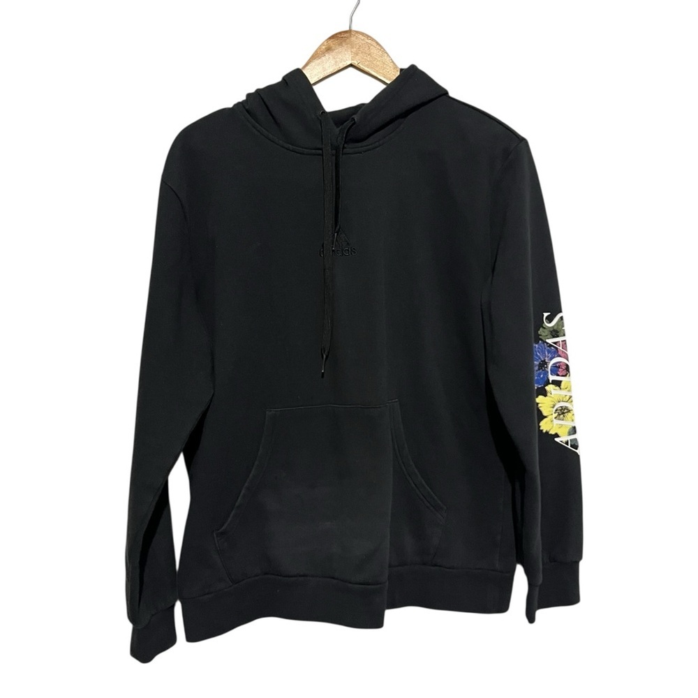 adidas Black Crewneck Hoodie with Floral Sleeve Graphic XL Women's